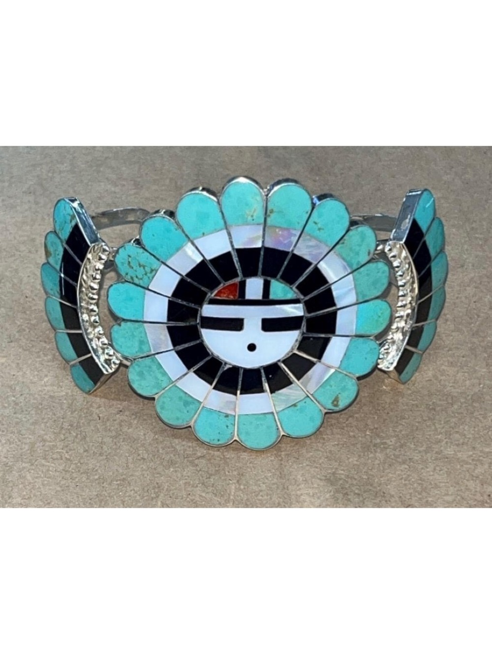 Native American Zuni handmade sterling silver turquoise inlay sunface bracelet